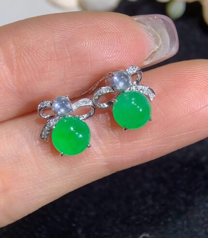 18K Glass Grade A Jadeite Egg-Shaped Hoop Earrings (Metal and Wood)