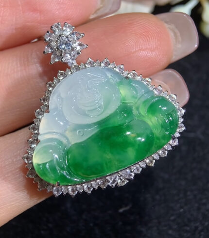 18K Diamonds Icy Green Jadeite Buddha Pendant (Earth and Metal)