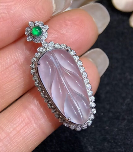 18K Diamonds Glass Jade Leaf Pendant (Fire and Metal)