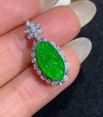 18K Diamond Jade Green Leaf Pendant (Wood and Metal)