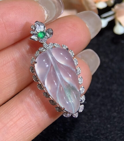 18K Icy Jade Diamond Leaf Pendant (Wood and Metal)